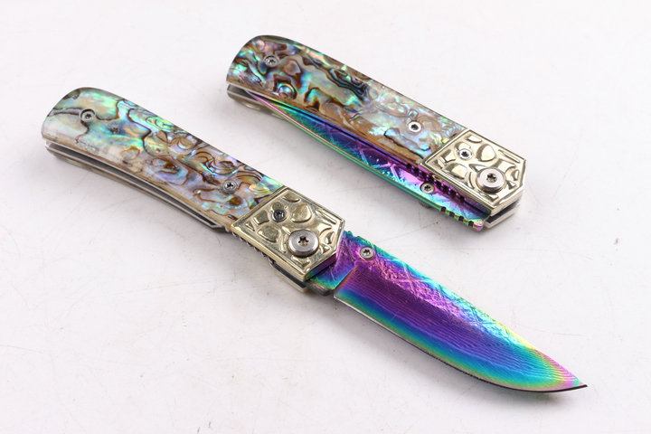Damascus blade material Silk color Abalone handle folding knife with Titanium coated surface UD404442